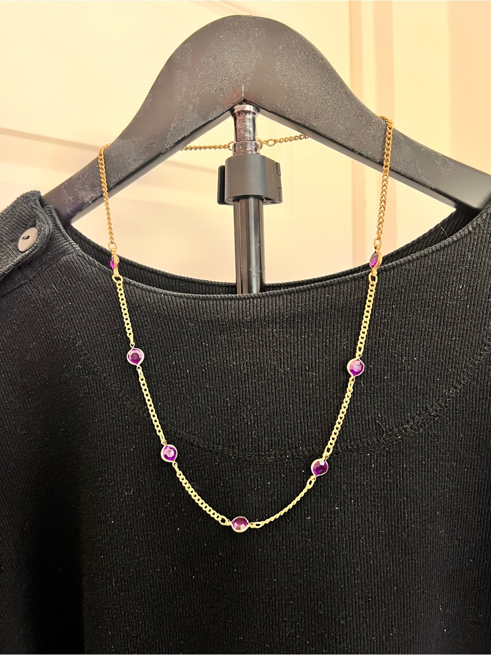 Gold-Tone Station chain Necklace with faceted purple round gemstones